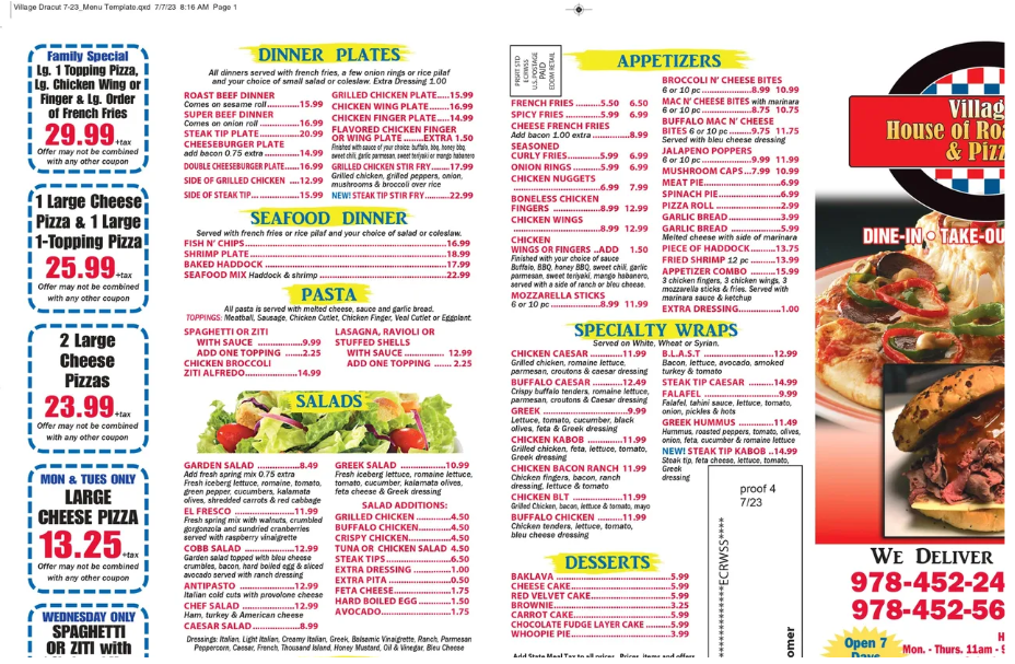 Menu Village House Of Roast Beef & Pizza-1